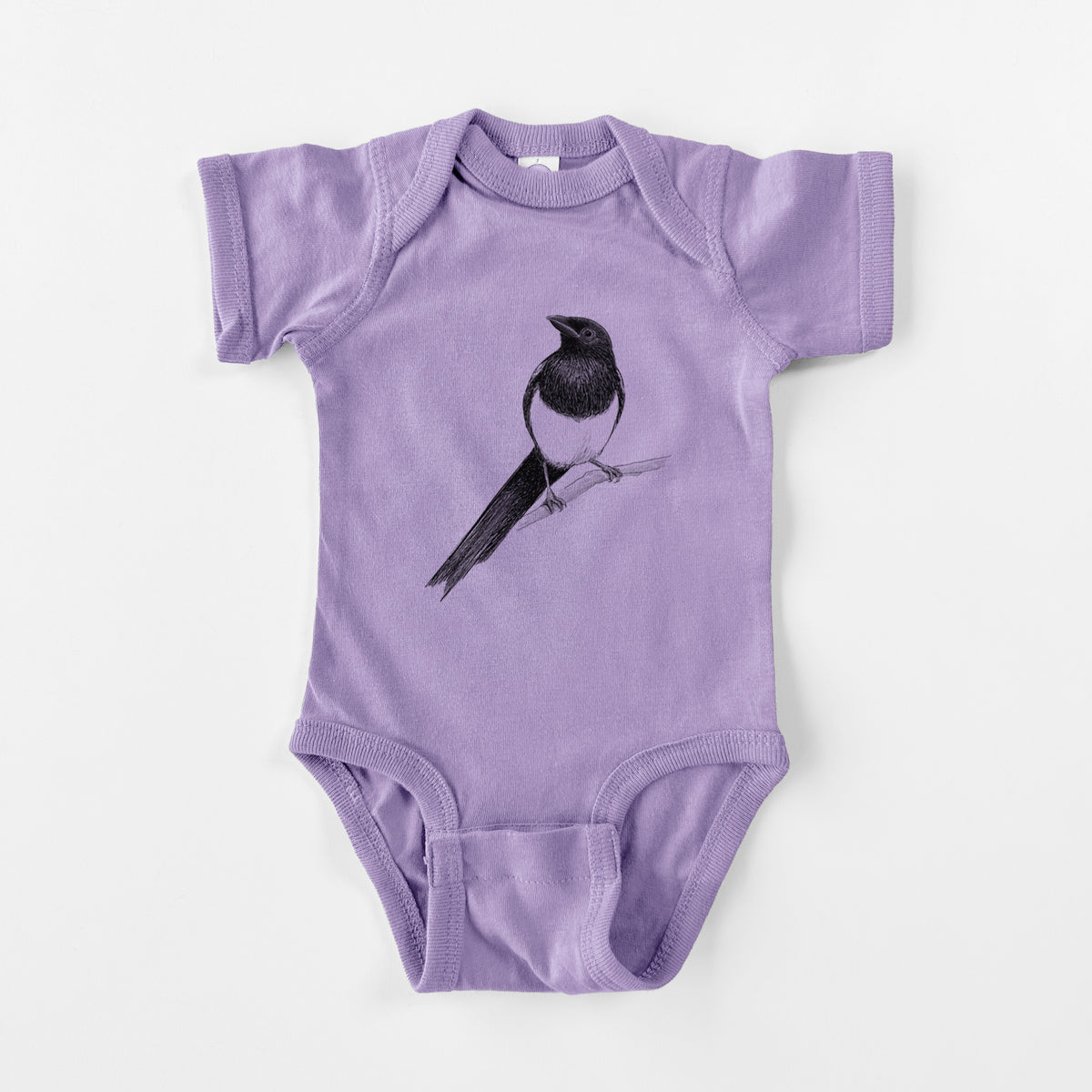 Lavender baby bodysuit laid flat, printed with a detailed black ink sketch of a black-billed magpie perched on a branch with its long tail.