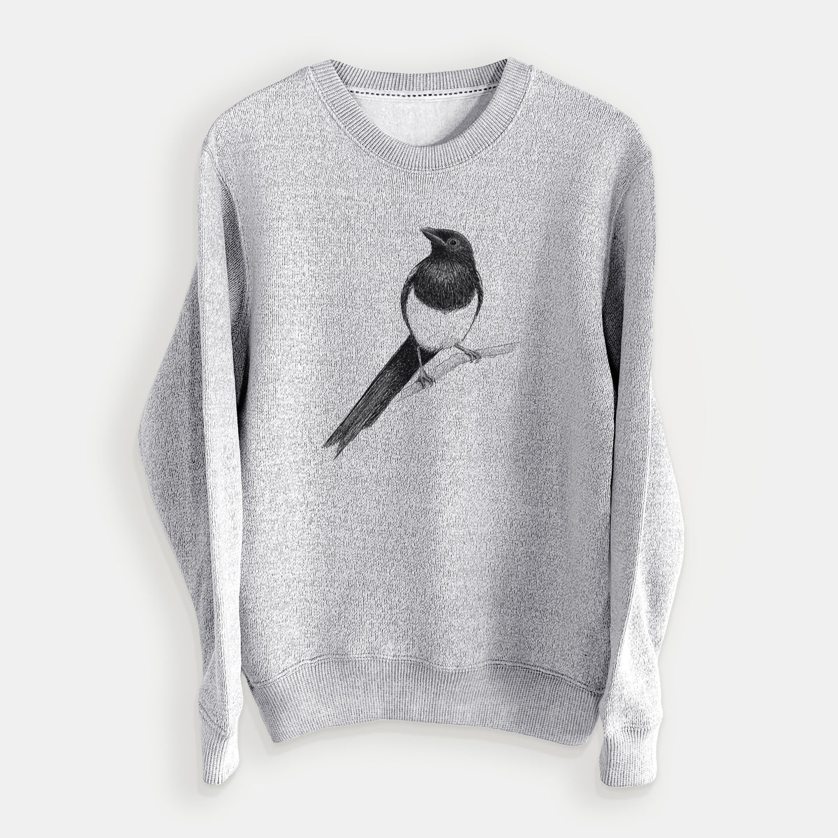 Salt and pepper knit sweatshirt laid flat, printed with a detailed black ink sketch of a black-billed magpie perched on a branch with its long tail.