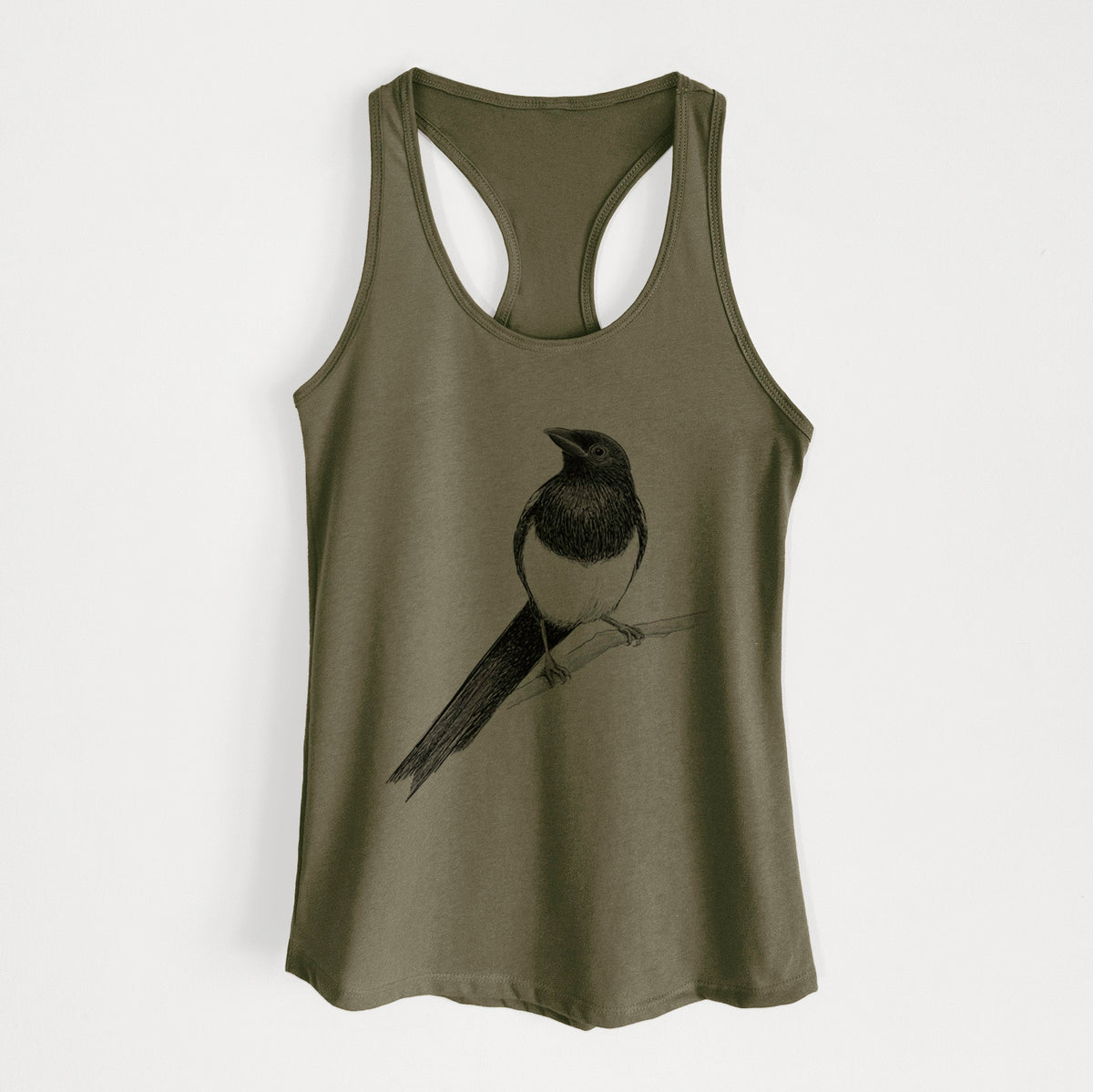 Military green women's racerback tank top laid flat, printed with a detailed black ink sketch of a black-billed magpie perched on a branch with its long tail.
