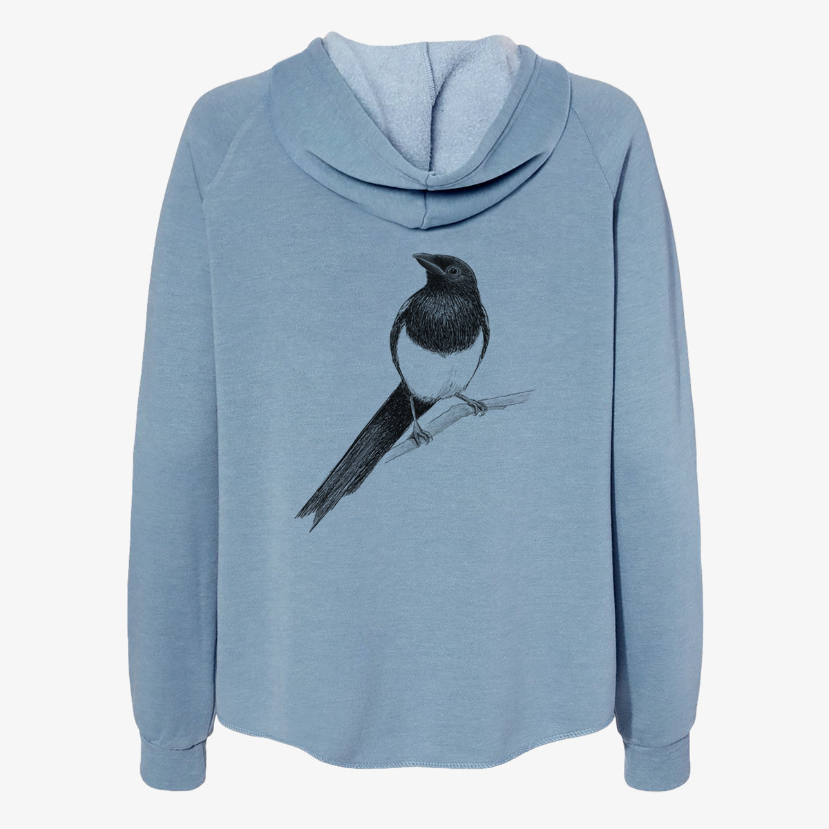 Misty blue women's Cali Wave zip-up sweatshirt laid flat, printed with a detailed black ink sketch of a black-billed magpie perched on a branch with its long tail.