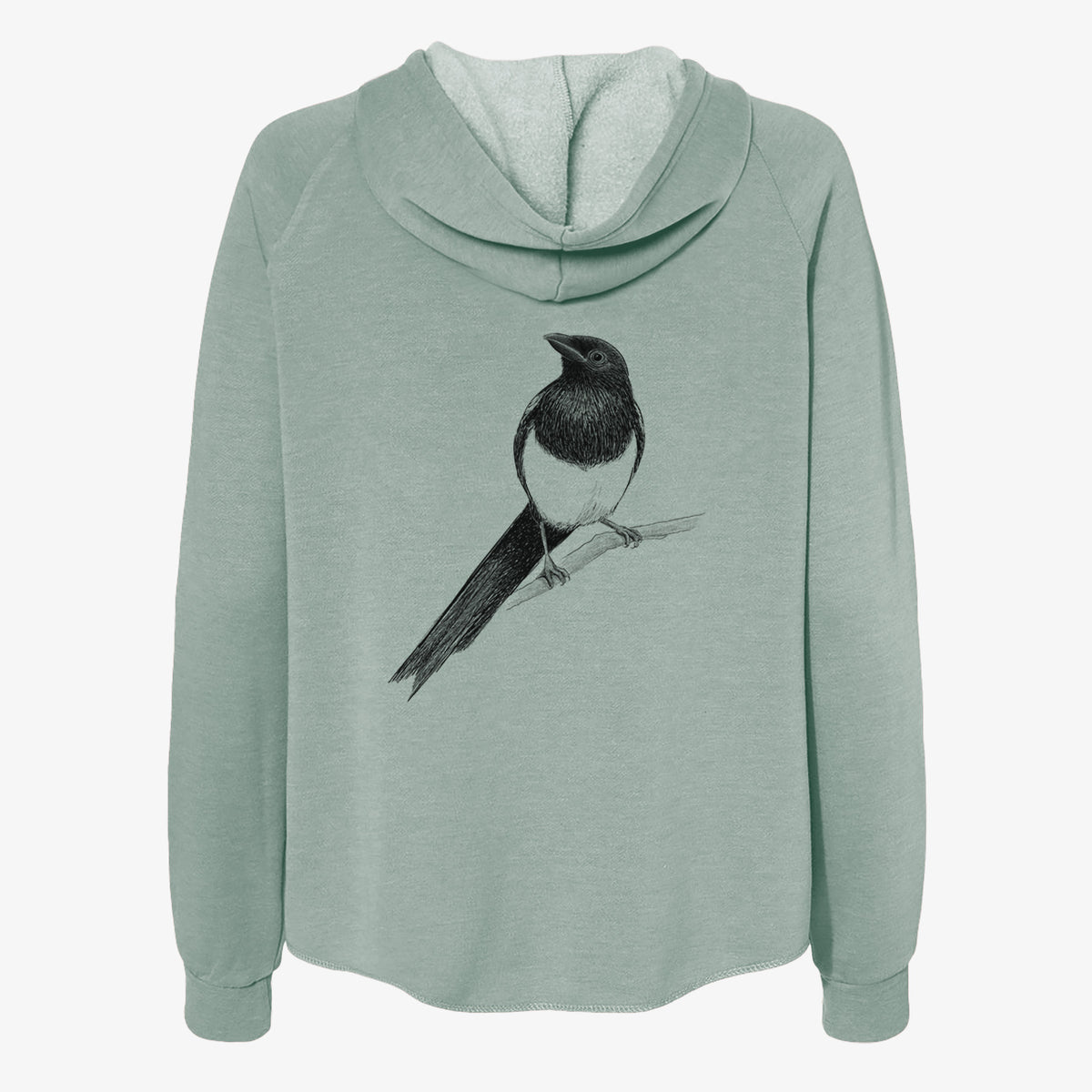 Sage green women's Cali Wave zip-up sweatshirt laid flat, printed with a detailed black ink sketch of a black-billed magpie perched on a branch with its long tail.
