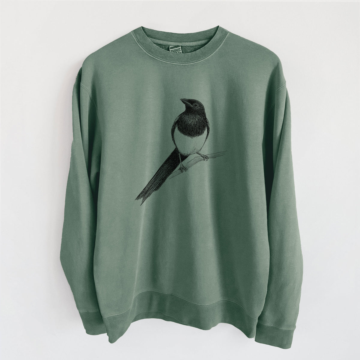 Black-billed Magpie - Pica hudsonia - Unisex Pigment Dyed Crew Sweatshirt in Alpine Green