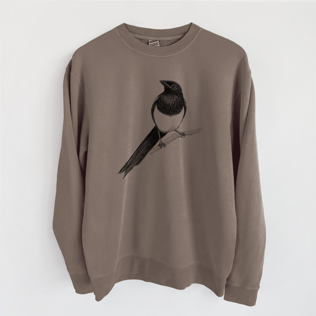 Black-billed Magpie - Pica hudsonia - Unisex Pigment Dyed Crew Sweatshirt in Espresso Brown Color