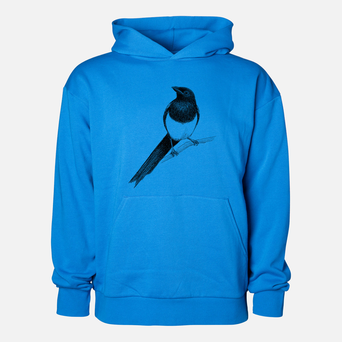 Black-billed Magpie - Pica hudsonia - Statement Midweight Hoodie in Azure Blue, shown from the front with the design printed on the chest above a front kangaroo pocket.