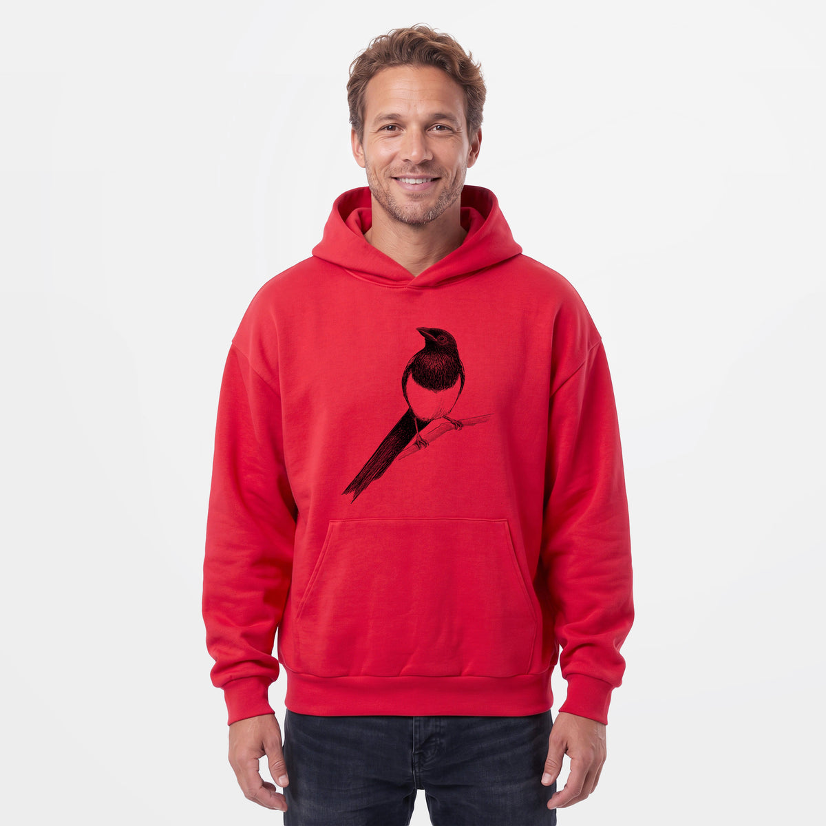Male model wearing the Black-billed Magpie - Pica hudsonia - Statement Midweight Hoodie.