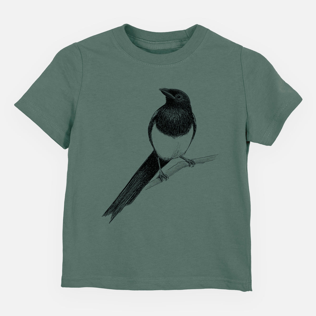 Basil green toddler t-shirt laid flat, printed with a detailed black ink sketch of a black-billed magpie perched on a branch with its long tail.