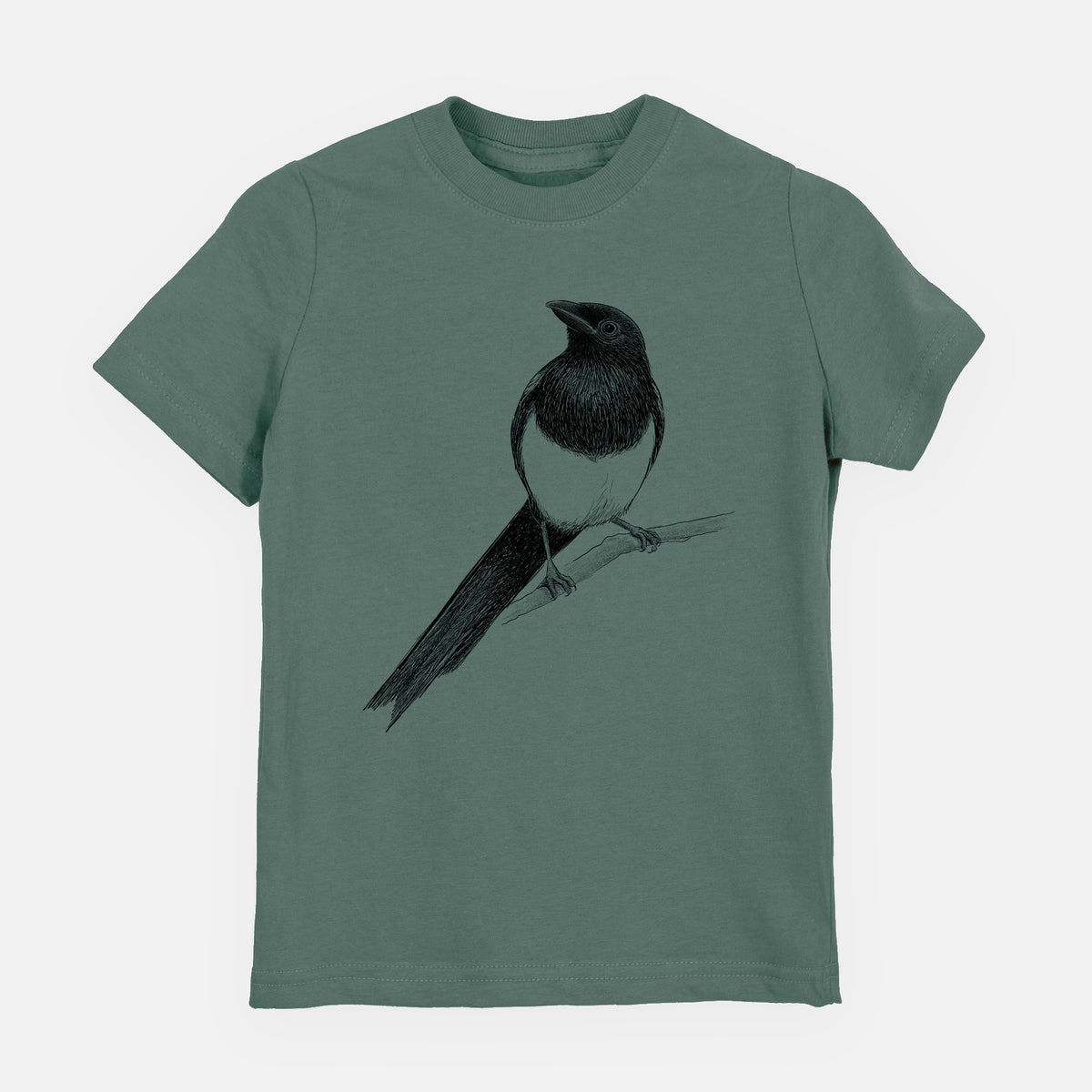 Basil green youth t-shirt laid flat, printed with a detailed black ink sketch of a black-billed magpie perched on a branch with its long tail.
