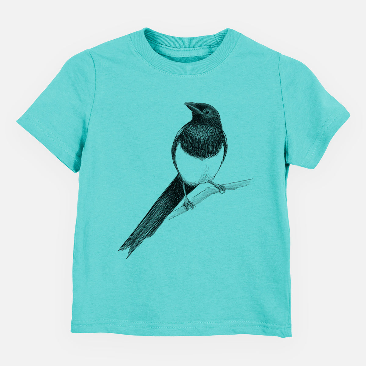 Caribbean blue toddler t-shirt laid flat, printed with a detailed black ink sketch of a black-billed magpie perched on a branch with its long tail.