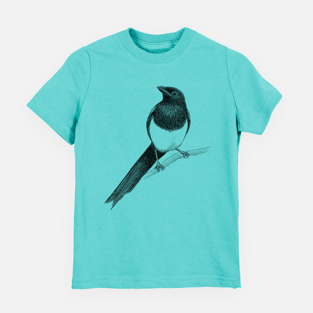 Caribbean blue youth t-shirt laid flat, printed with a detailed black ink sketch of a black-billed magpie perched on a branch with its long tail.