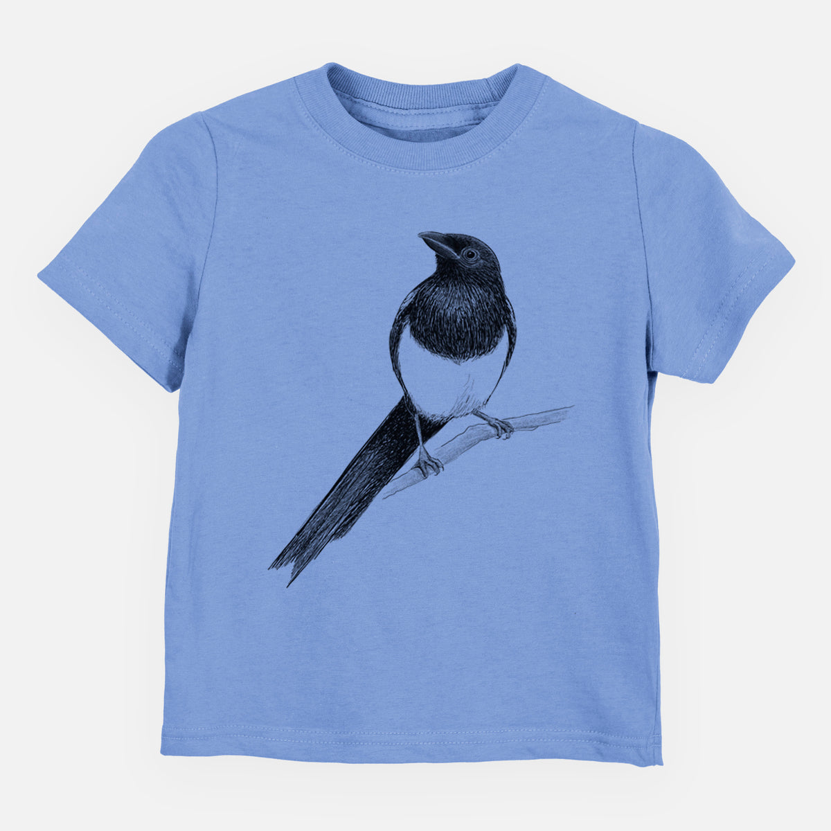 Carolina blue toddler t-shirt laid flat, printed with a detailed black ink sketch of a black-billed magpie perched on a branch with its long tail.