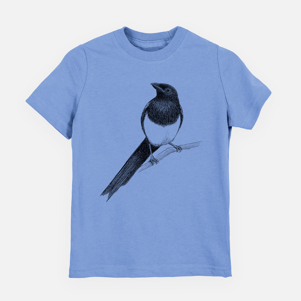 Carolina blue youth t-shirt laid flat, printed with a detailed black ink sketch of a black-billed magpie perched on a branch with its long tail.