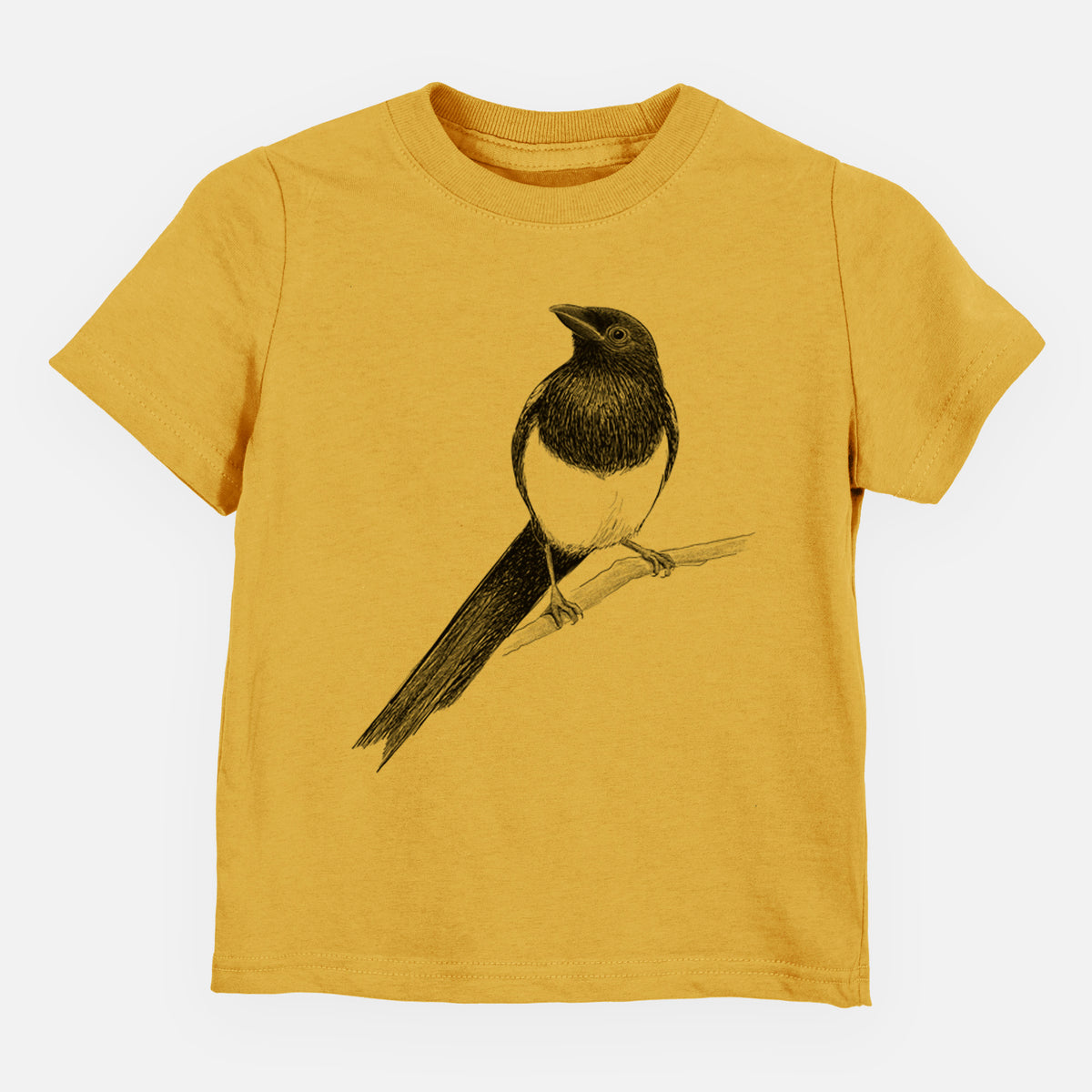Honeycomb yellow toddler t-shirt laid flat, printed with a detailed black ink sketch of a black-billed magpie perched on a branch with its long tail.