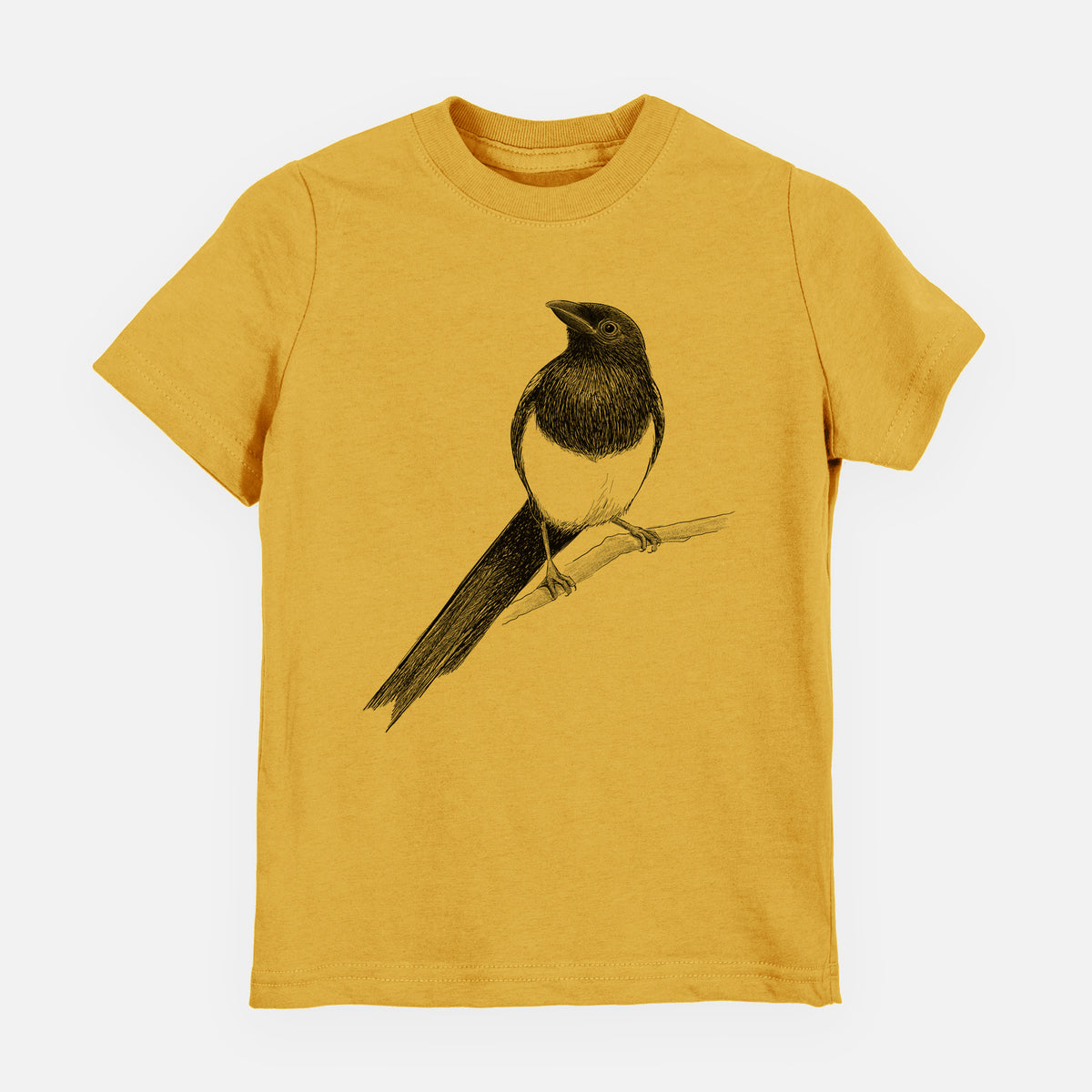 Honeycomb yellow youth t-shirt laid flat, printed with a detailed black ink sketch of a black-billed magpie perched on a branch with its long tail.