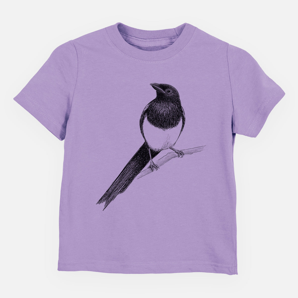Lavender toddler t-shirt laid flat, printed with a detailed black ink sketch of a black-billed magpie perched on a branch with its long tail.