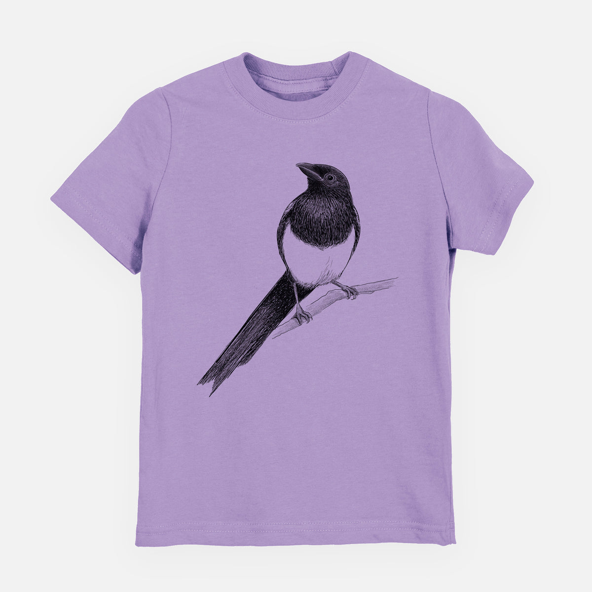 Lavender youth t-shirt laid flat, printed with a detailed black ink sketch of a black-billed magpie perched on a branch with its long tail.