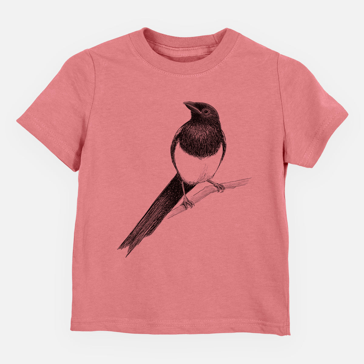 Mauve pink toddler t-shirt laid flat, printed with a detailed black ink sketch of a black-billed magpie perched on a branch with its long tail.