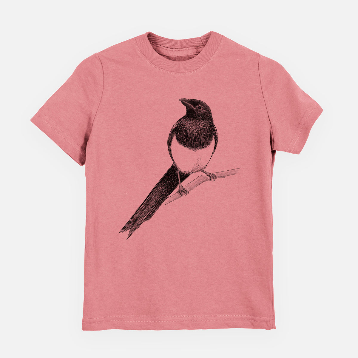 Mauve pink youth t-shirt laid flat, printed with a detailed black ink sketch of a black-billed magpie perched on a branch with its long tail.