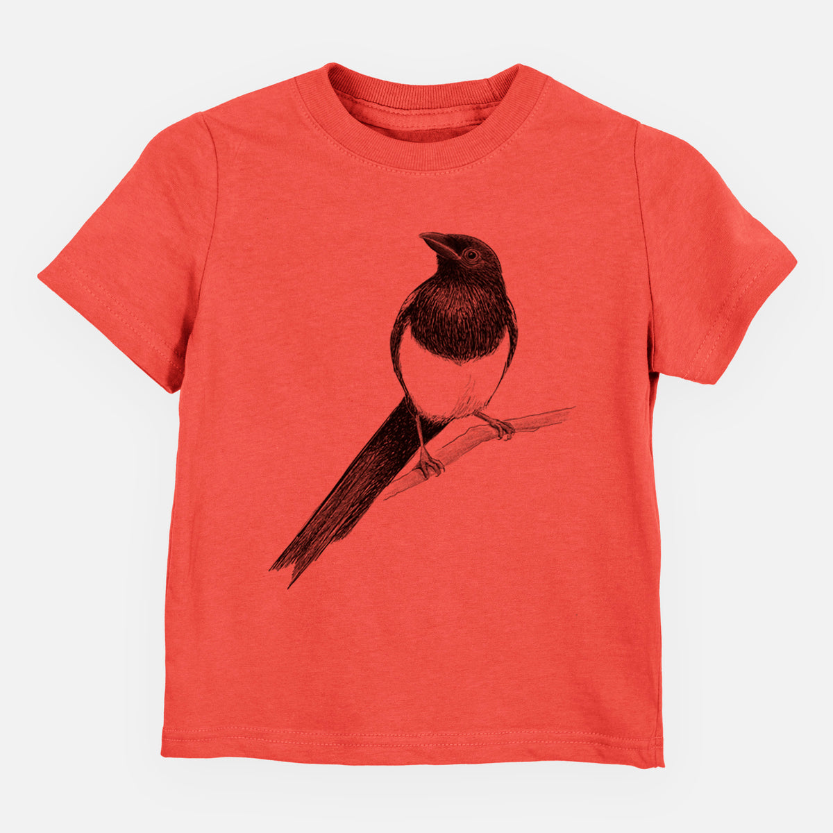 Passionfruit pink toddler t-shirt laid flat, printed with a detailed black ink sketch of a black-billed magpie perched on a branch with its long tail.