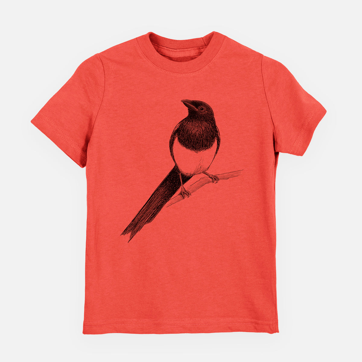 Passionfruit pink youth t-shirt laid flat, printed with a detailed black ink sketch of a black-billed magpie perched on a branch with its long tail.