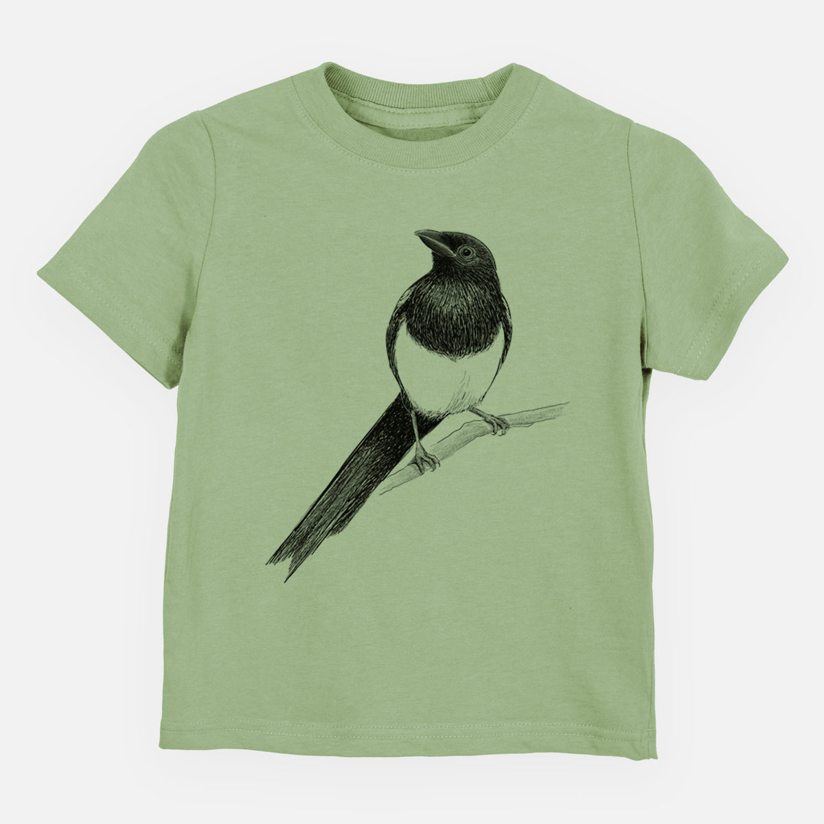 Sage green toddler t-shirt laid flat, printed with a detailed black ink sketch of a black-billed magpie perched on a branch with its long tail.