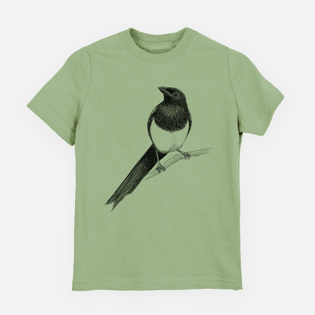Sage green youth t-shirt laid flat, printed with a detailed black ink sketch of a black-billed magpie perched on a branch with its long tail.