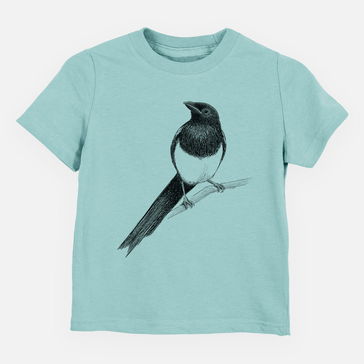 Saltwater toddler t-shirt laid flat, printed with a detailed black ink sketch of a black-billed magpie perched on a branch with its long tail.