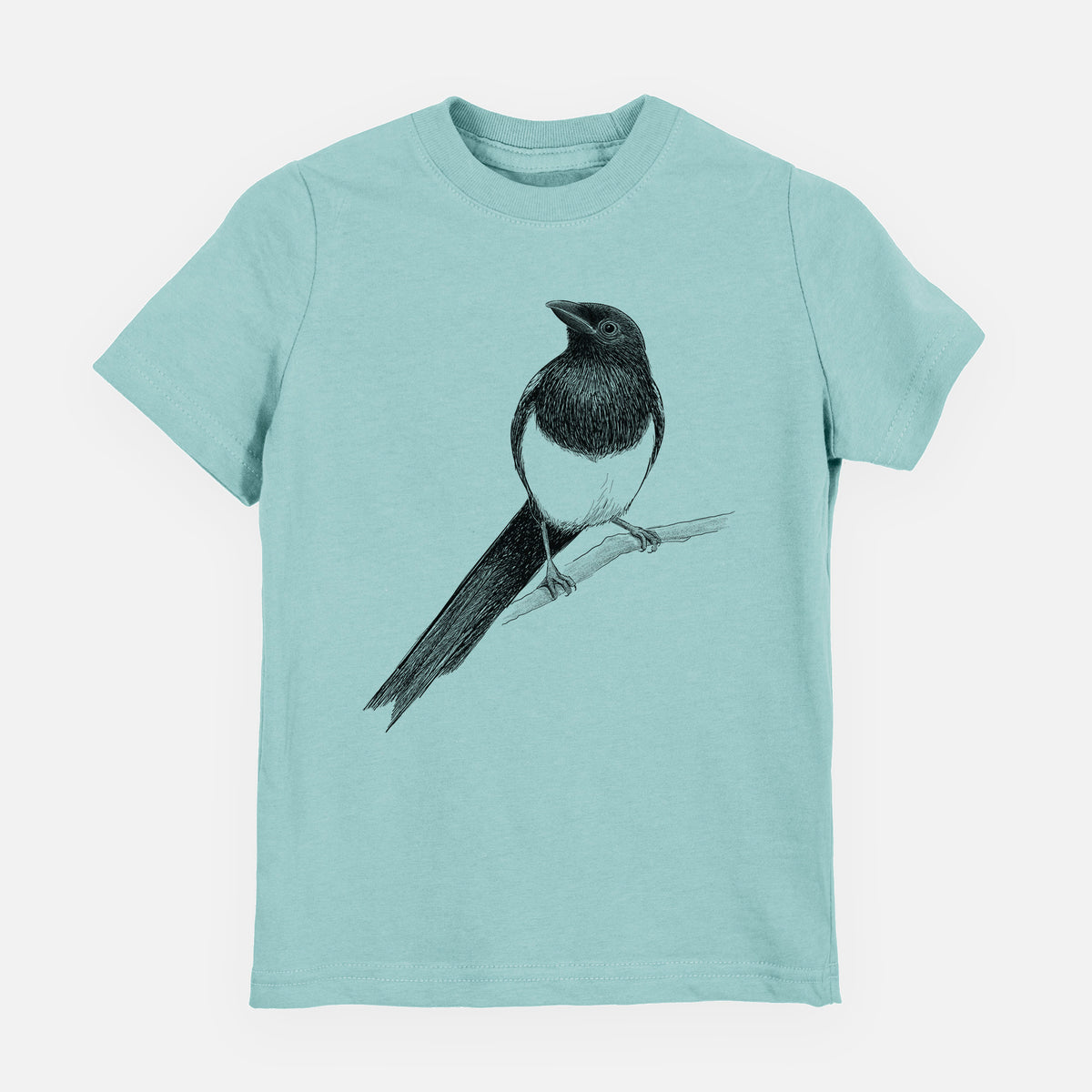 Saltwater youth t-shirt laid flat, printed with a detailed black ink sketch of a black-billed magpie perched on a branch with its long tail.