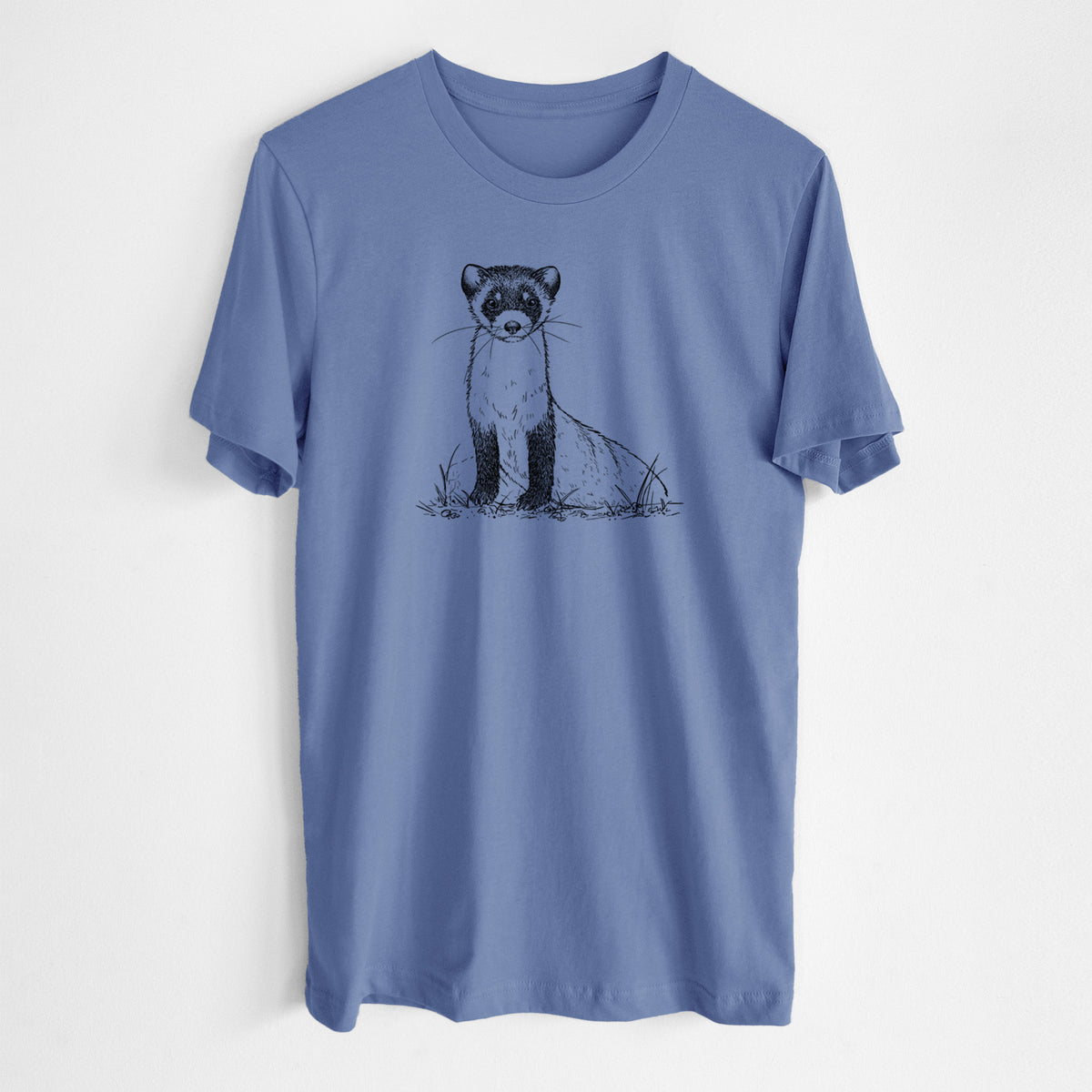 Blue bell lightweight cotton t-shirt laid flat, printed with a detailed black ink illustration of a black-footed ferret sitting on the ground.