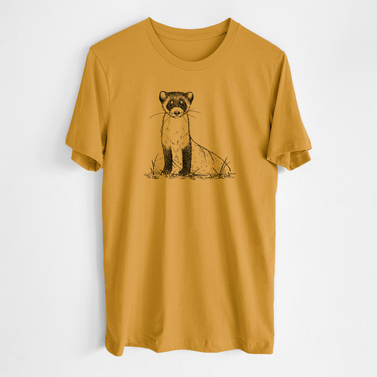 Honeycomb yellow lightweight cotton t-shirt laid flat, printed with a detailed black ink illustration of a black-footed ferret sitting on the ground.