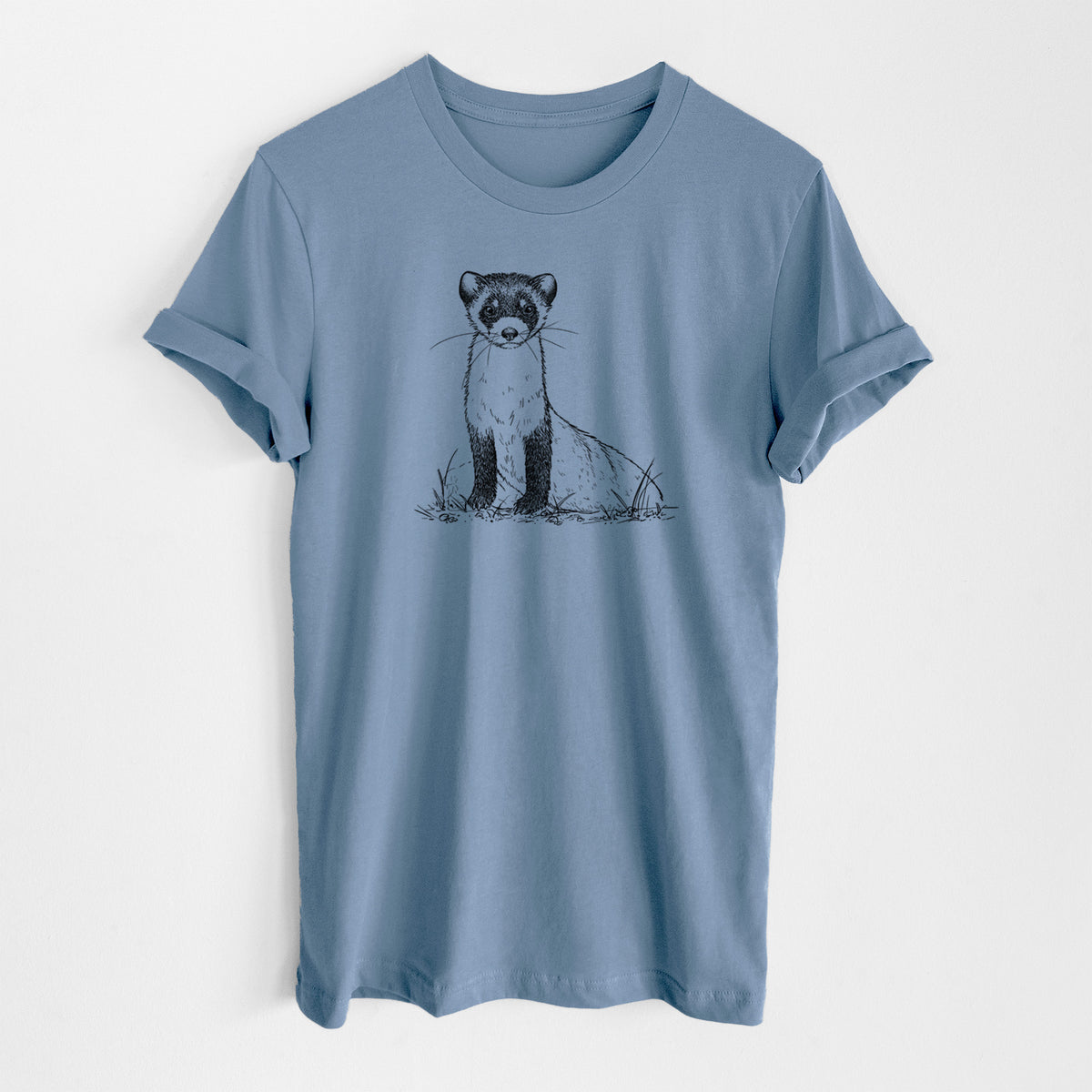 Steel blue lightweight cotton t-shirt laid flat, printed with a detailed black ink illustration of a black-footed ferret sitting on the ground.