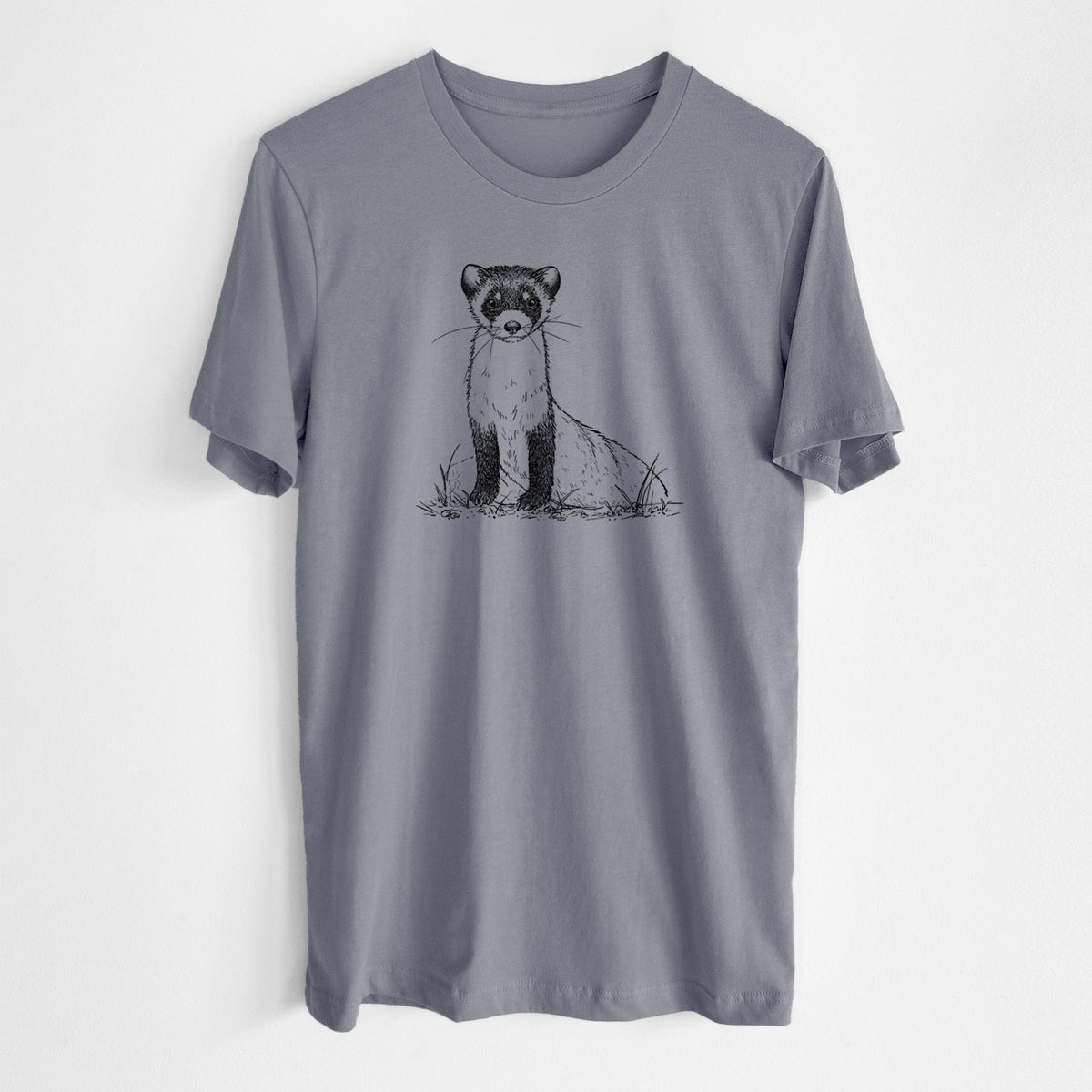 Storm grey lightweight cotton t-shirt laid flat, printed with a detailed black ink illustration of a black-footed ferret sitting on the ground.