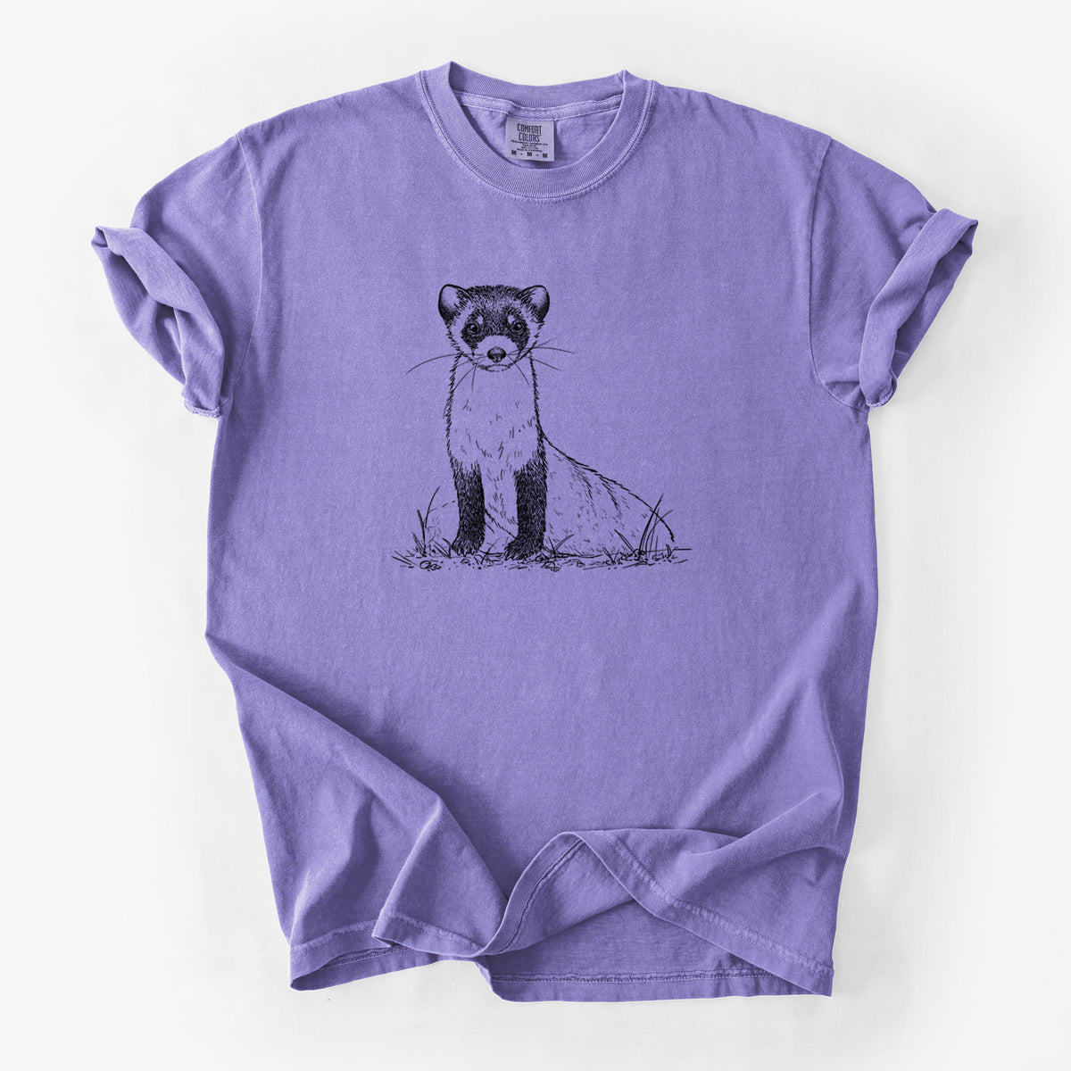 Violet purple Comfort Colors t-shirt laid flat, printed with a detailed black ink illustration of a black-footed ferret sitting on the ground.