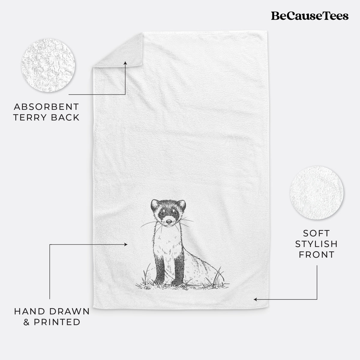 White hand towel printed with a detailed black ink illustration of a black-footed ferret sitting on the ground.