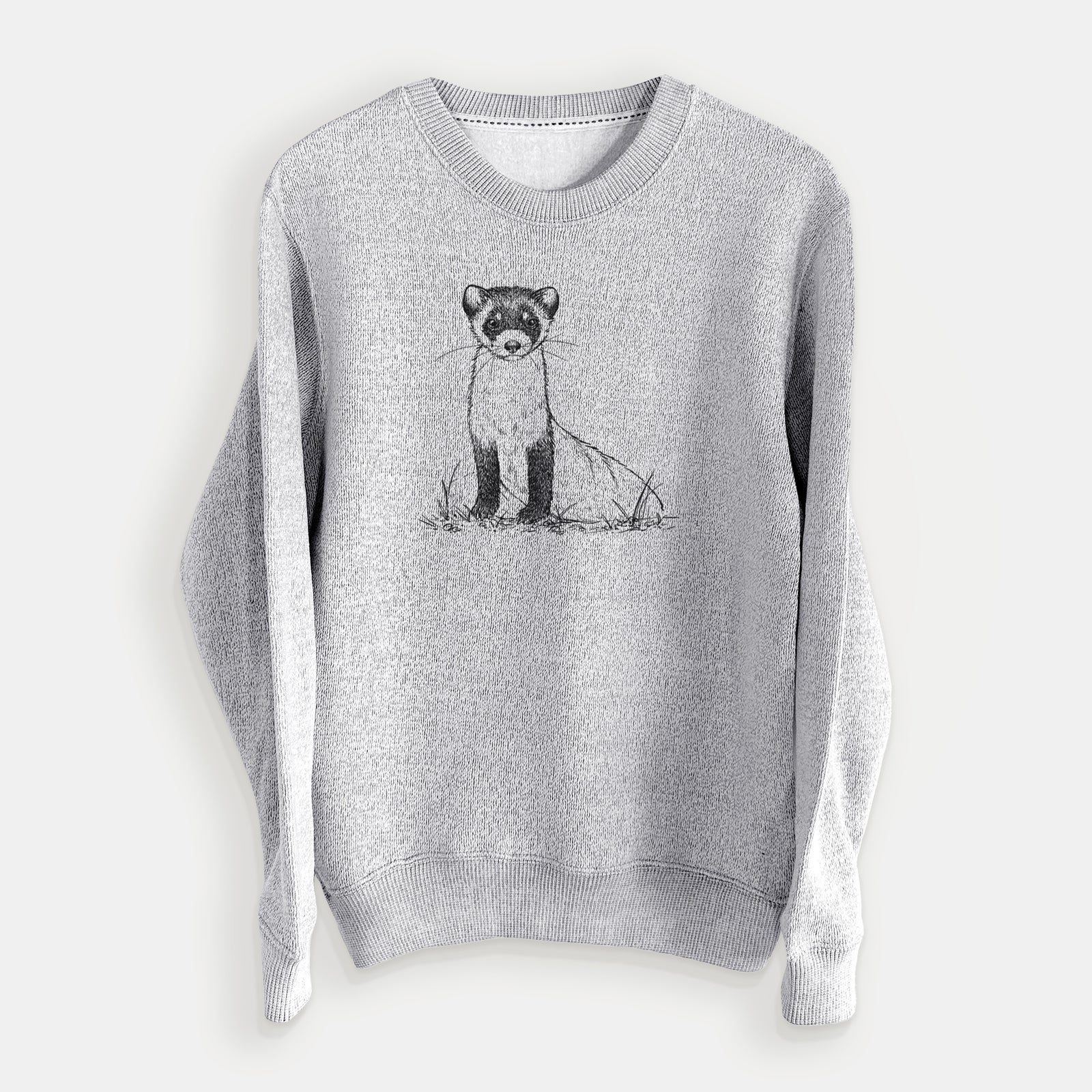 Salt and pepper knit sweatshirt laid flat, printed with a detailed black ink illustration of a black-footed ferret sitting on the ground.