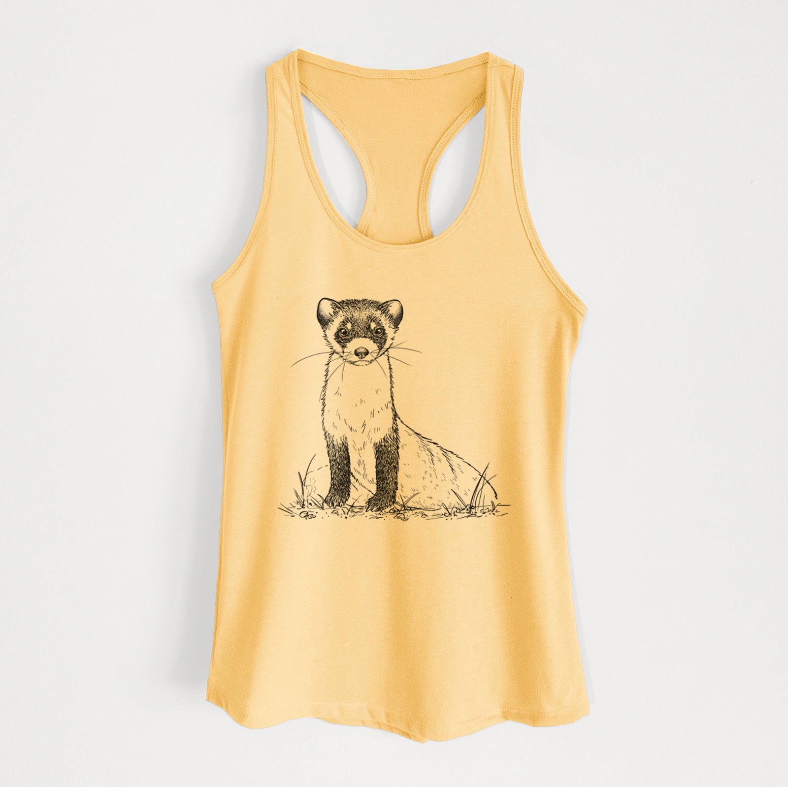 Banana cream women's racerback tank top laid flat, printed with a detailed black ink illustration of a black-footed ferret sitting on the ground.