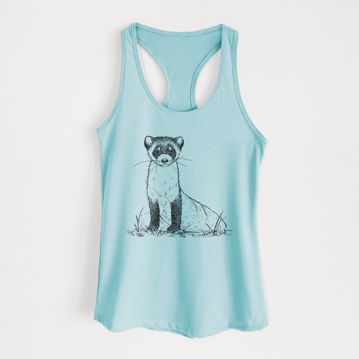 Cancun blue women's racerback tank top laid flat, printed with a detailed black ink illustration of a black-footed ferret sitting on the ground.