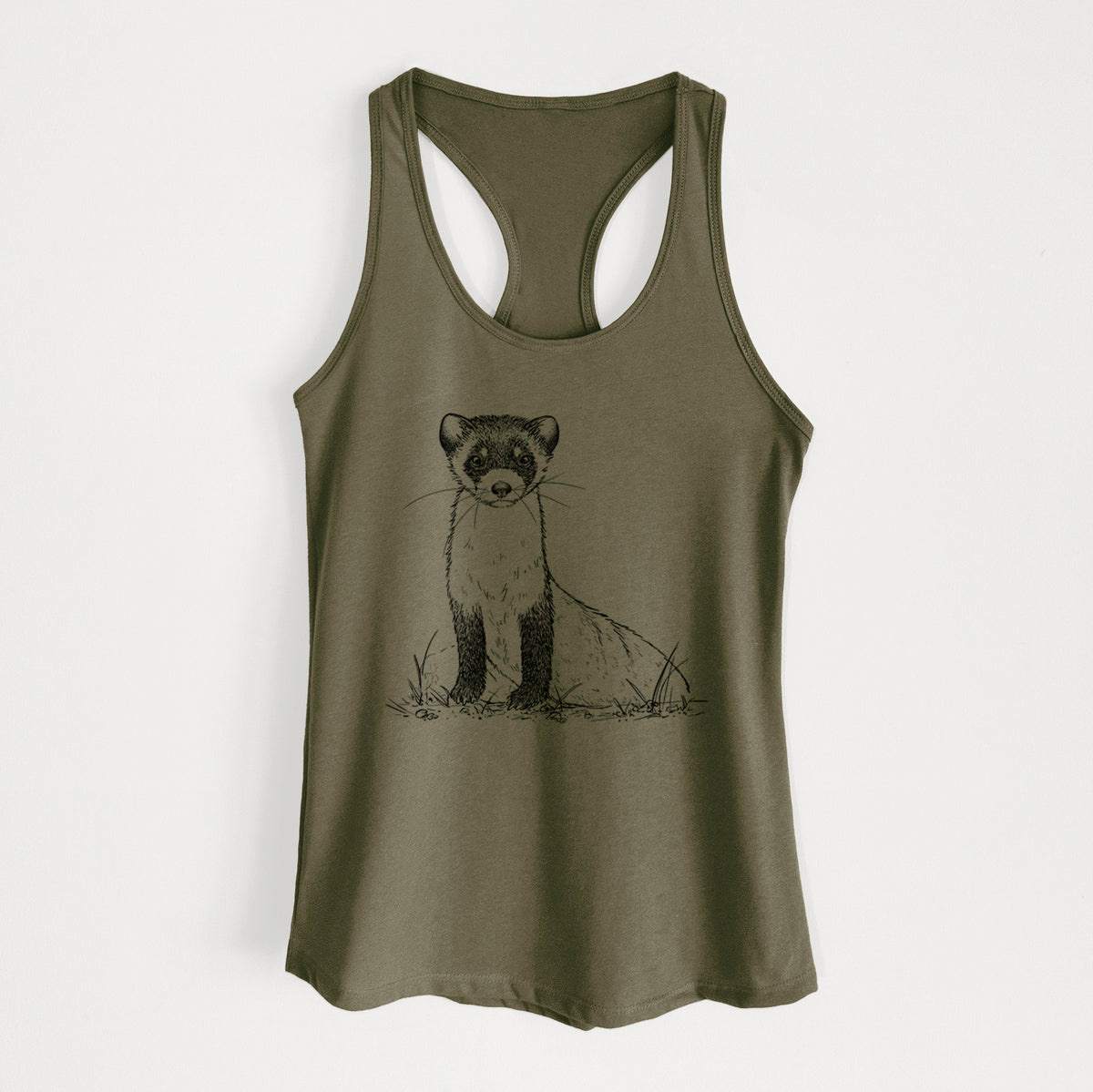 Military green women's racerback tank top laid flat, printed with a detailed black ink illustration of a black-footed ferret sitting on the ground.