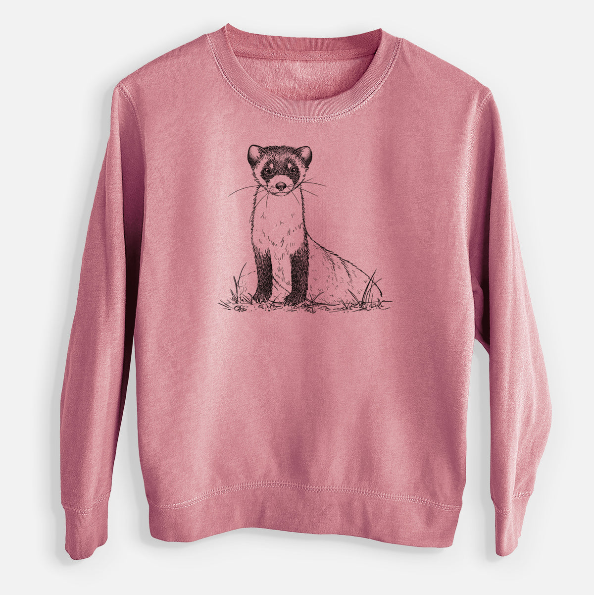 Mauve pink youth crewneck sweatshirt laid flat, printed with a detailed black ink illustration of a black-footed ferret sitting on the ground.