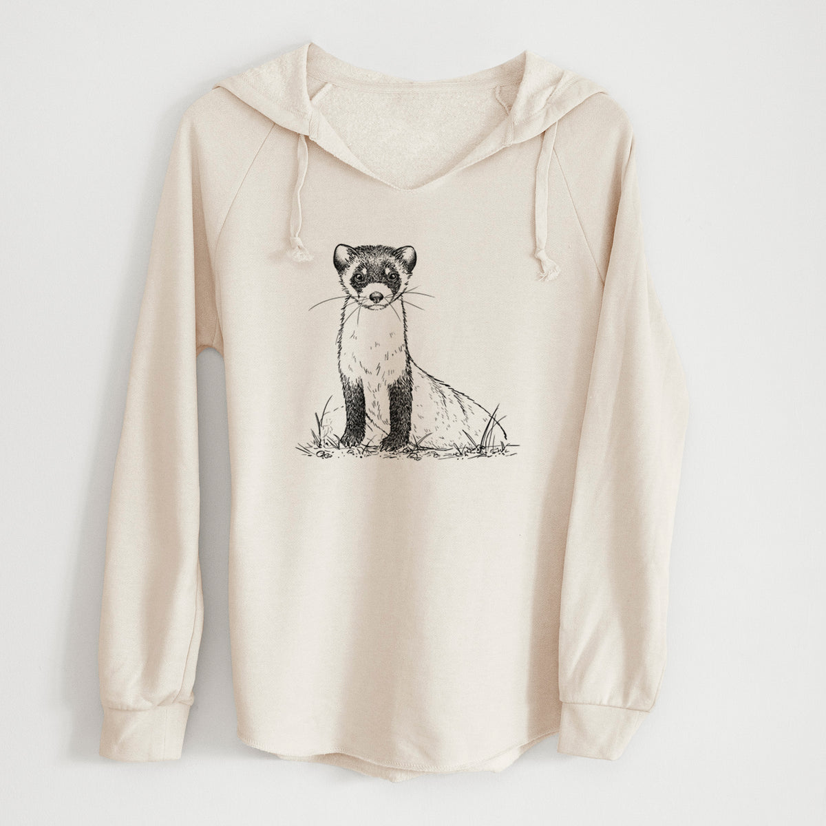 Bone cream women's Cali Wave hooded sweatshirt laid flat, printed with a detailed black ink illustration of a black-footed ferret sitting on the ground.