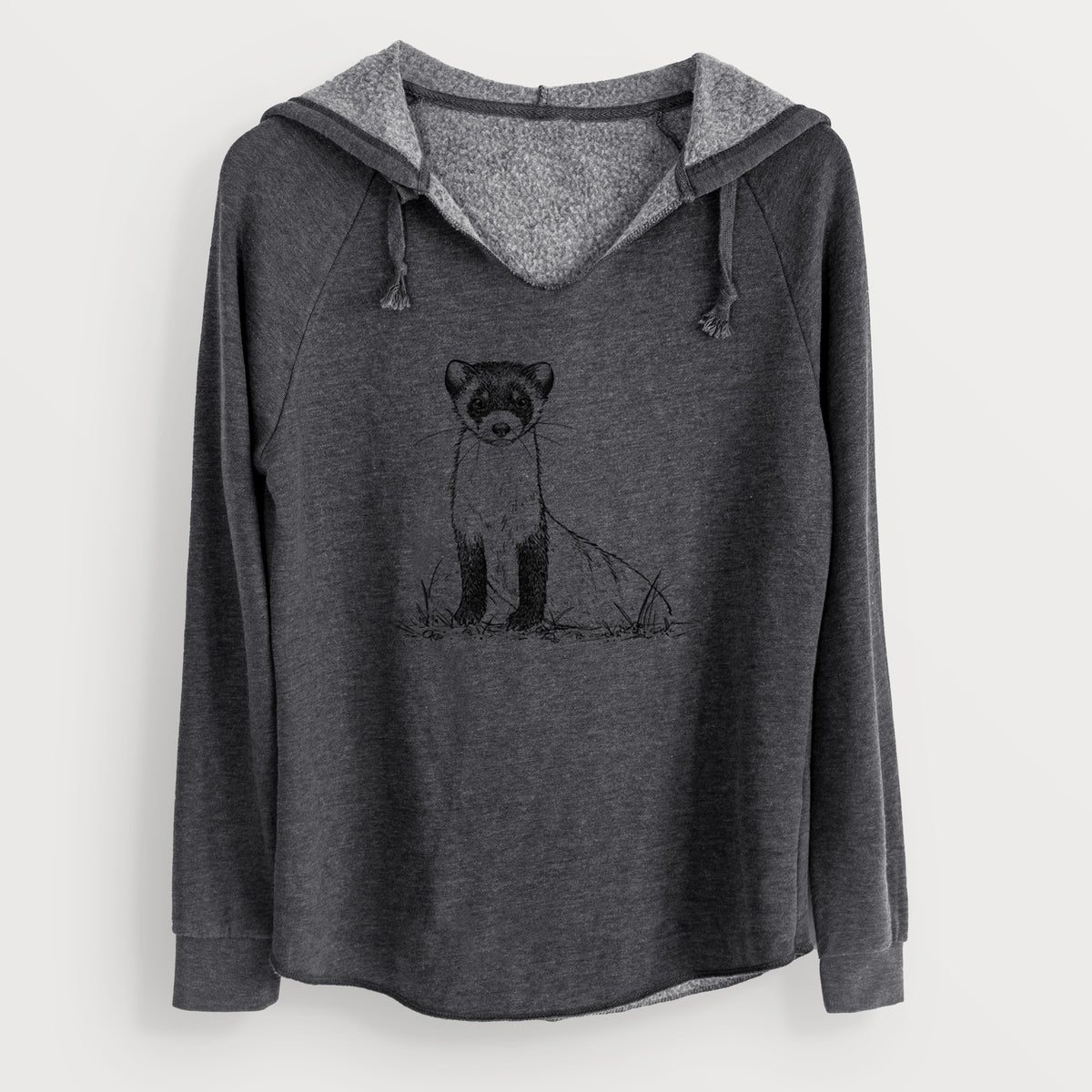 Charcoal grey women's Cali Wave hooded sweatshirt laid flat, printed with a detailed black ink illustration of a black-footed ferret sitting on the ground.
