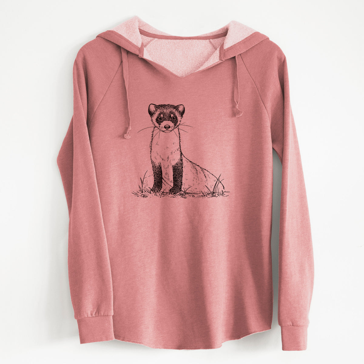 Dusty rose women's Cali Wave hooded sweatshirt laid flat, printed with a detailed black ink illustration of a black-footed ferret sitting on the ground.