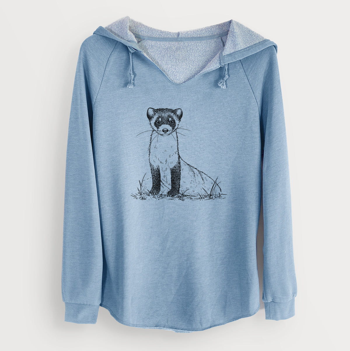 Misty blue women's Cali Wave hooded sweatshirt laid flat, printed with a detailed black ink illustration of a black-footed ferret sitting on the ground.