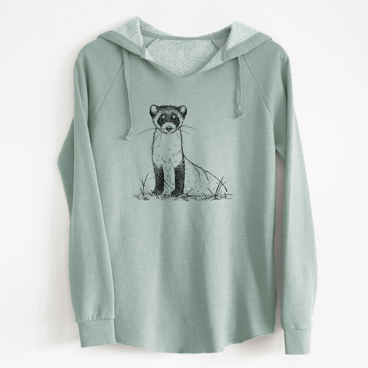 Sage green women's Cali Wave hooded sweatshirt laid flat, printed with a detailed black ink illustration of a black-footed ferret sitting on the ground.