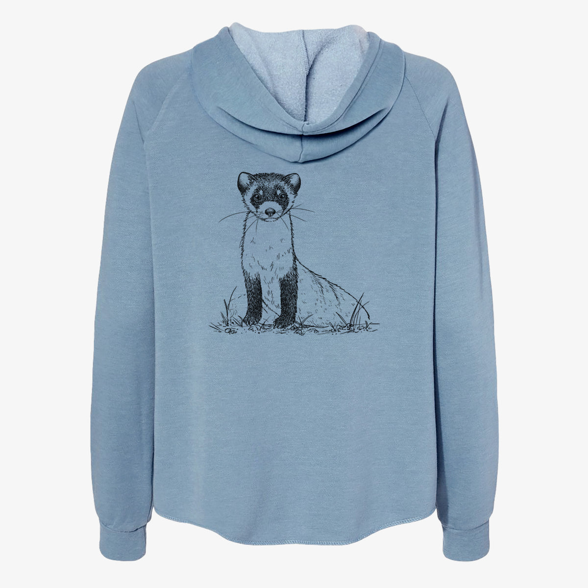 Misty blue women's Cali Wave zip-up sweatshirt laid flat, printed with a detailed black ink illustration of a black-footed ferret sitting on the ground.
