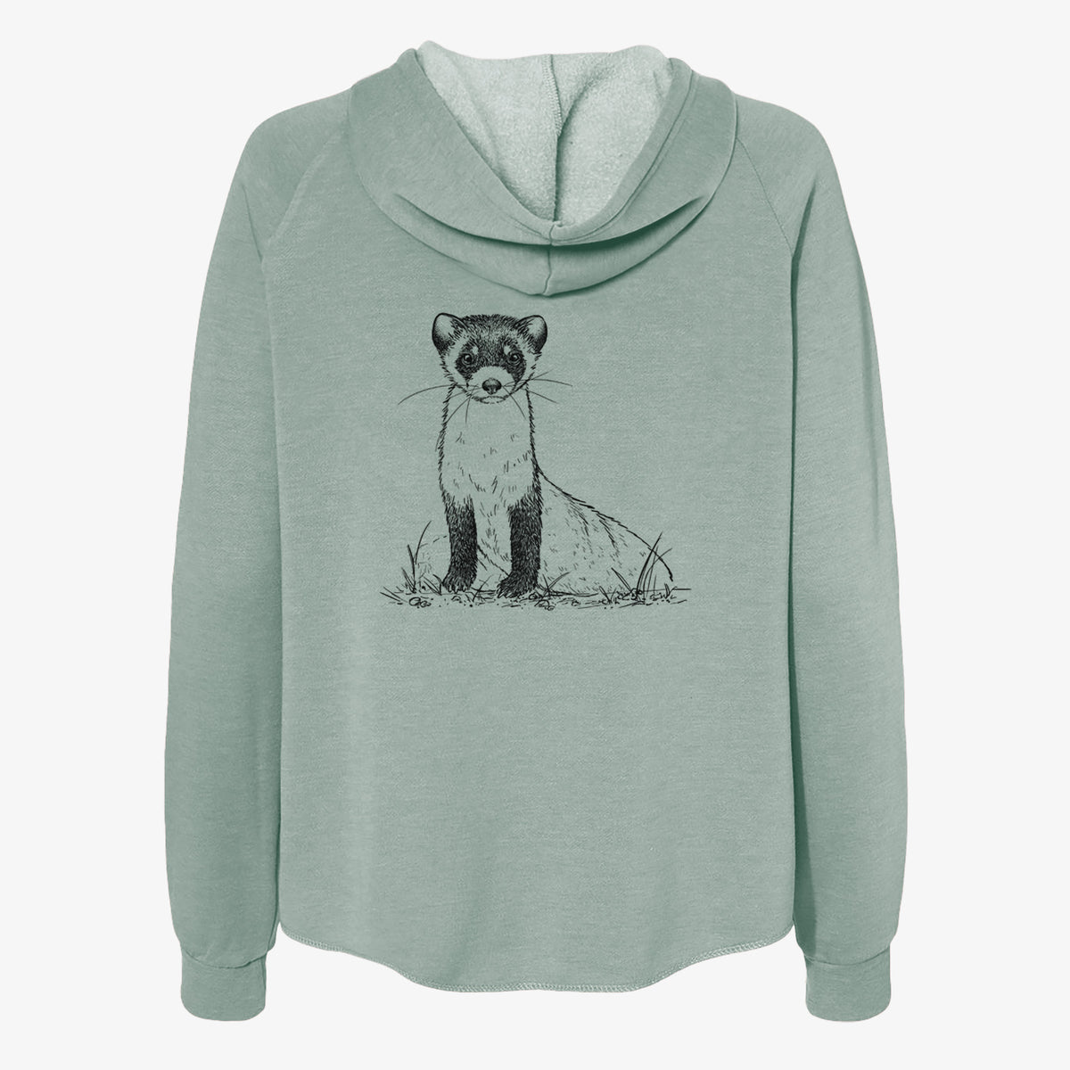 Sage green women's Cali Wave zip-up sweatshirt laid flat, printed with a detailed black ink illustration of a black-footed ferret sitting on the ground.