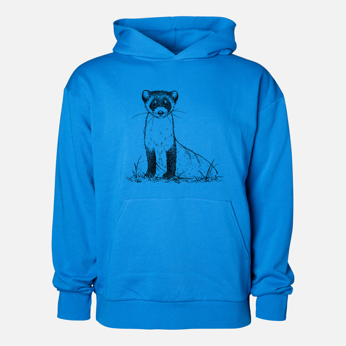 Black-footed Ferret - Mustela nigripes - Statement Midweight Hoodie in Azure Blue, shown from the front with the design printed on the chest above a front kangaroo pocket.