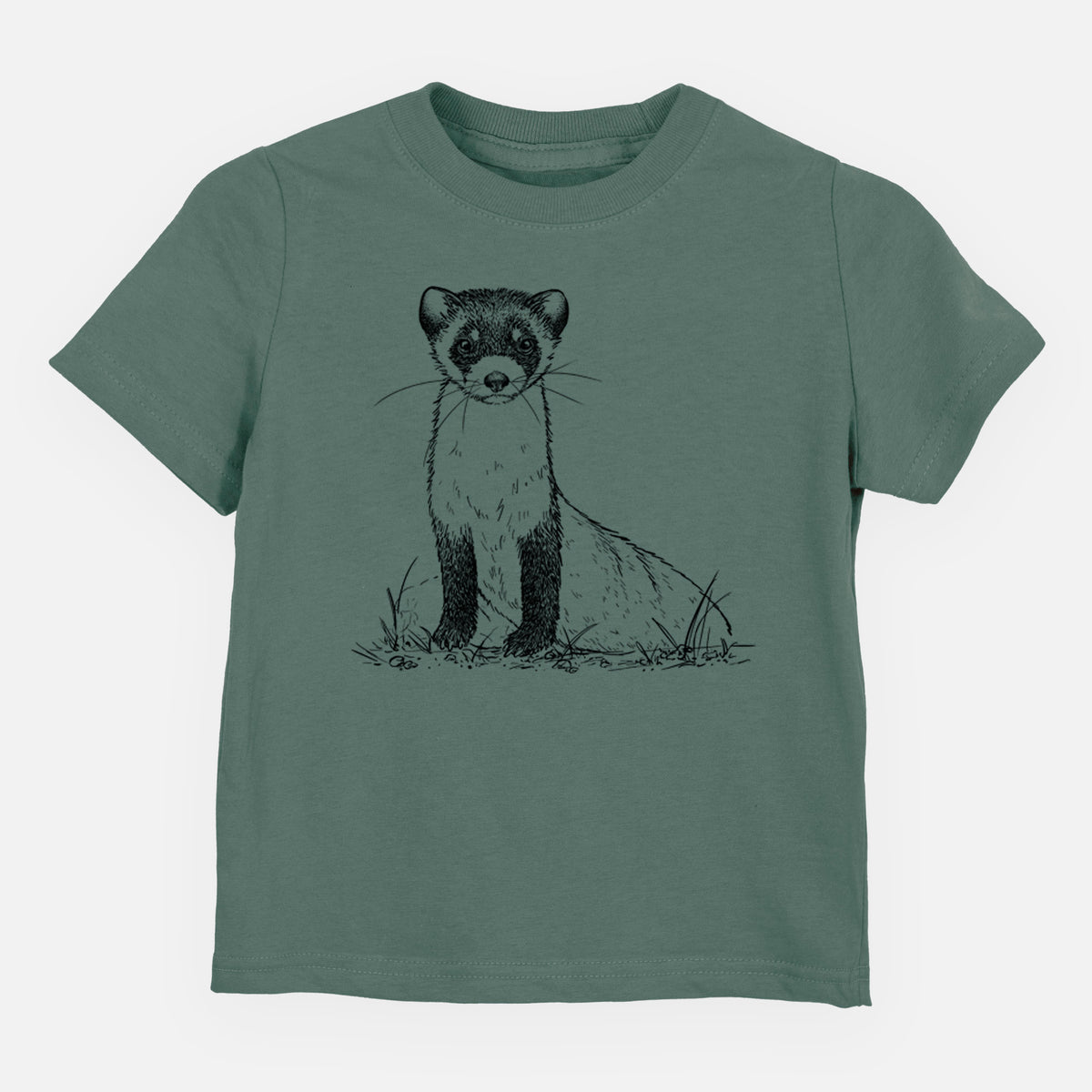 Basil green toddler t-shirt laid flat, printed with a detailed black ink illustration of a black-footed ferret sitting on the ground.