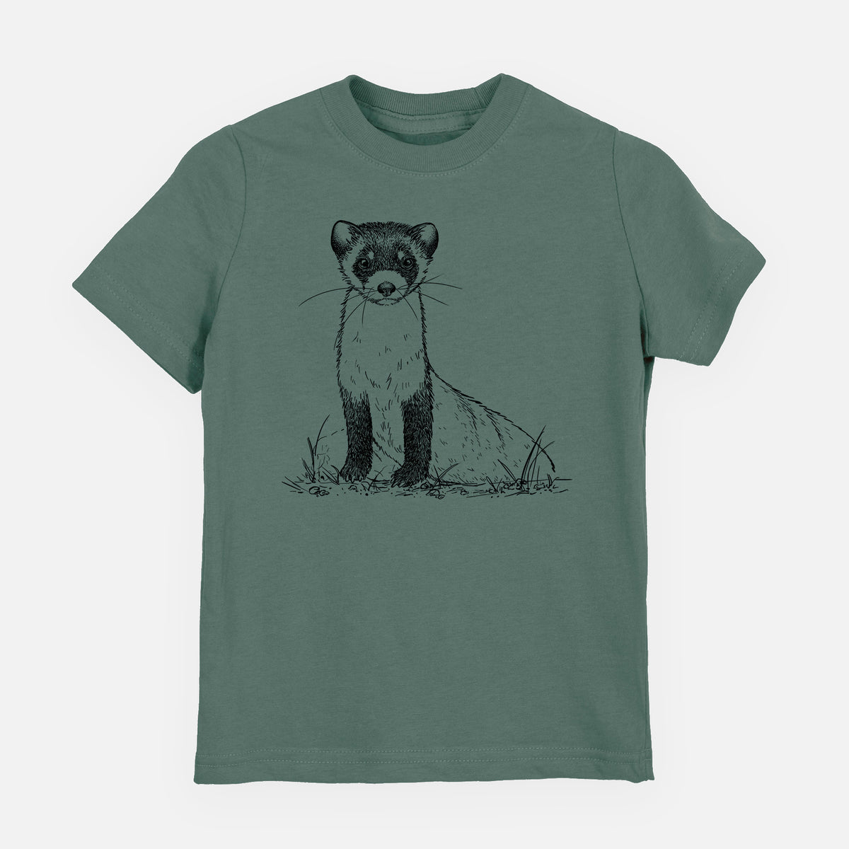 Basil green youth t-shirt laid flat, printed with a detailed black ink illustration of a black-footed ferret sitting on the ground.