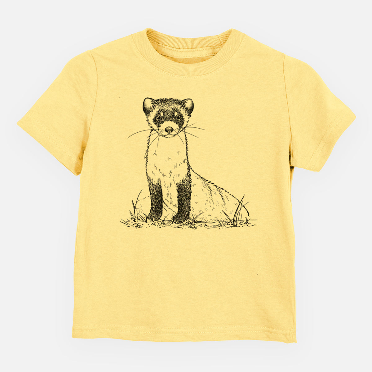 Butter yellow toddler t-shirt laid flat, printed with a detailed black ink illustration of a black-footed ferret sitting on the ground.
