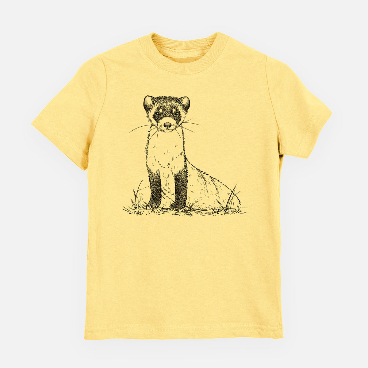 Butter yellow youth t-shirt laid flat, printed with a detailed black ink illustration of a black-footed ferret sitting on the ground.